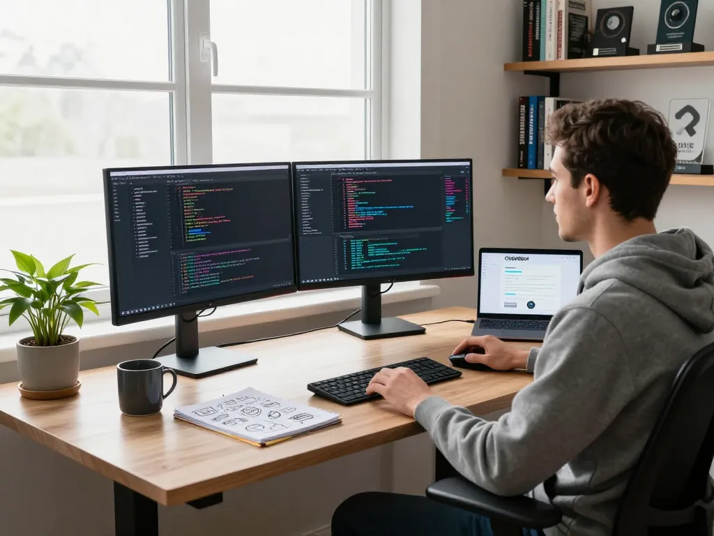 Developer integrating Clawdbot AI on dual monitors in a modern home office setup.