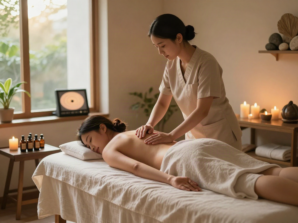 송파출장마사지 being expertly performed in a tranquil spa environment with candles and essential oils.