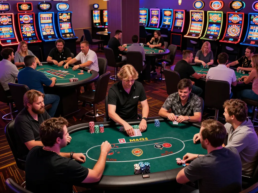 Players strategizing their next move at f168 casino tables amid vibrant lighting and excitement.