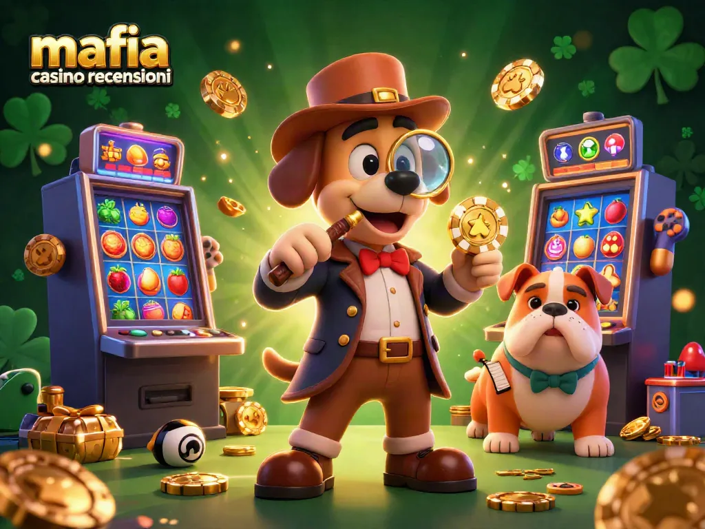 Mafia casino recensioni featuring a 3D cartoon detective and bulldog exploring casino treasures.