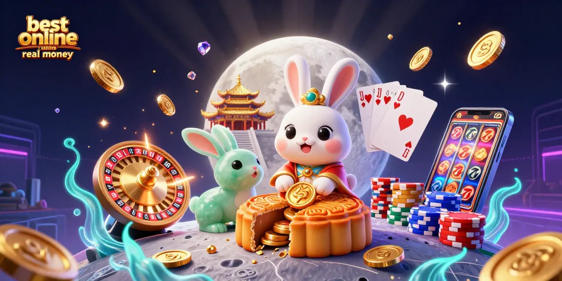 Experience excitement at the best online casino real money with a whimsical scene of a moon rabbit amidst casino elements.